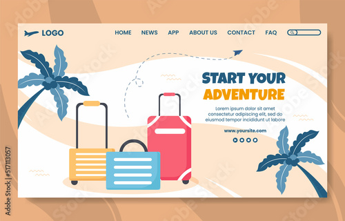 Travel Agency Social Media Landing Page Template Flat Cartoon Background Vector Illustration