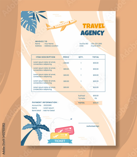 Travel Agency Invoice Template Flat Cartoon Background Vector Illustration