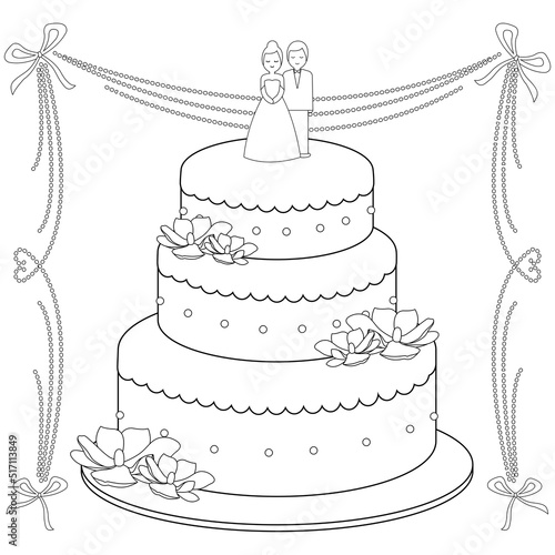 Wedding cake. Vector black and white coloring page