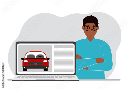 The concept of renting or buying a car. A man with a laptop on which site about the car.