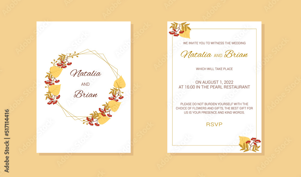 autumn wedding invitation with a frame rowan branches and leaves