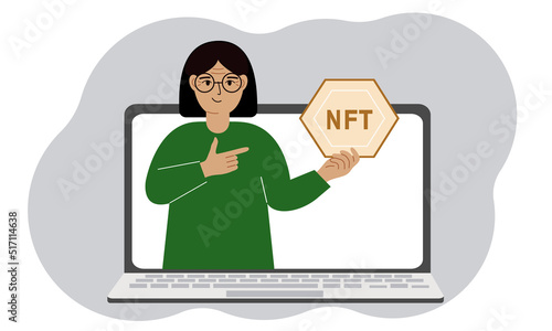 NFT concept. A laptop in which a woman with the image of NFT in the palm of his hand. Auction of non-fungible tokens, markets, online education.