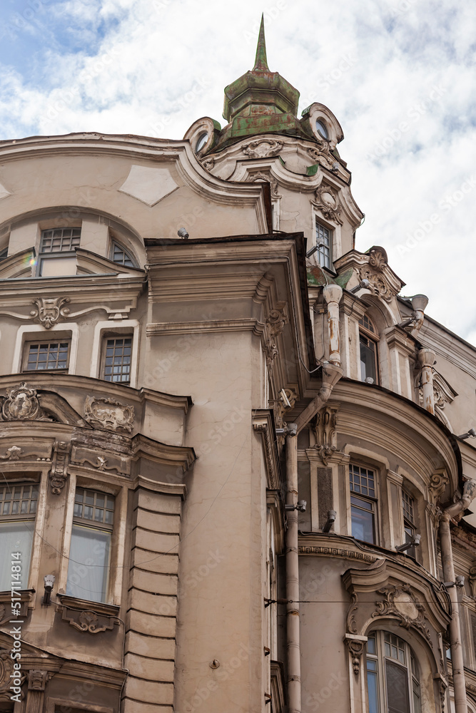 Saint Petersburg, Russia, May 10, 2022. Typical architectural fragment of the building of Petrograd side - historical part of the city