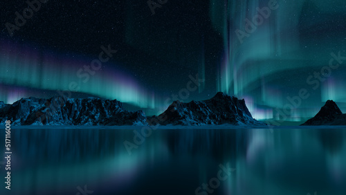 Winter Landscape with Aurora Borealis. Night Sky Banner with copy-space.