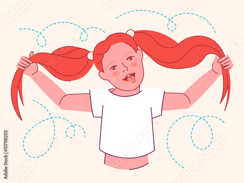 Fun cute small girl make funny face hold ginger stick-out pigtails. Crazy Moose character illustration. Vector playful concept for kids zone, cartoon channel or activity