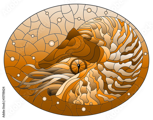 Stained glass illustration with a abstract nautilus on a background of water and air bubbles, oval image, tone brown