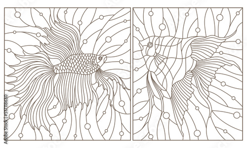 Set contour illustrations in the stained glass style aquarium fish fish cock and scalars , dark contours on white background