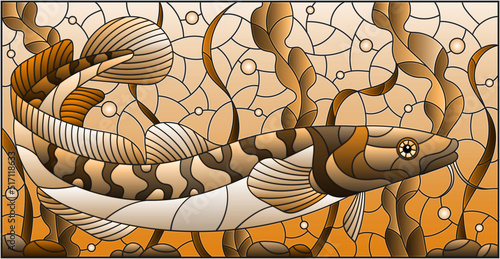 Billede på lærred Illustration in stained glass style with burbot fish on the background of algae,