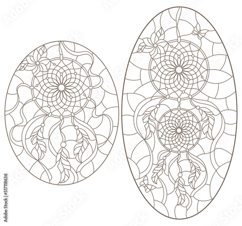 Set of outline illustrations of stained glass Windows with dream catchers and butterflies, dark outline on white background, oval images