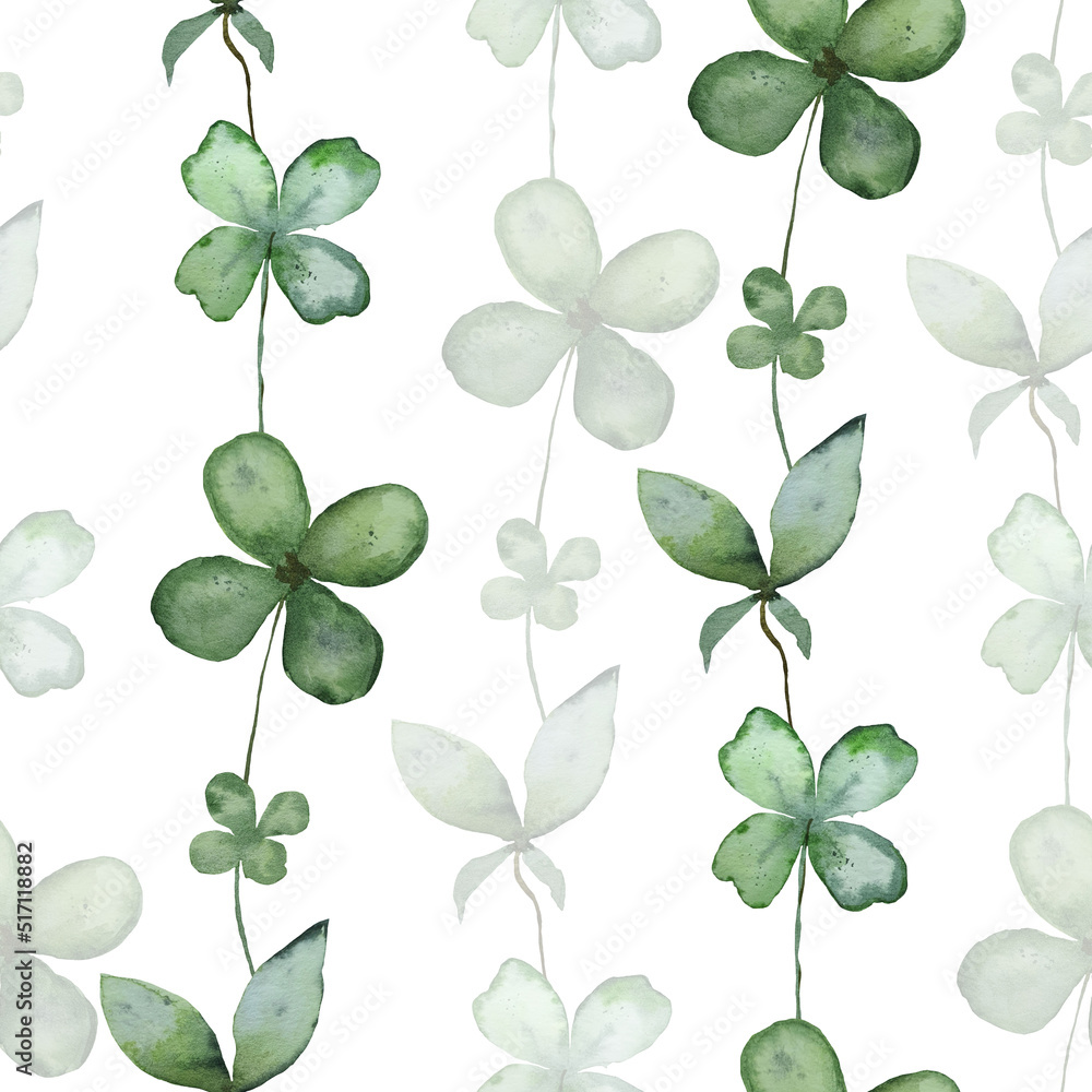 Trefoil, green clover with three leaves, symbol of Patrick's Day, grass, clover branch, isolated hand-drawn watercolor illustration on white background