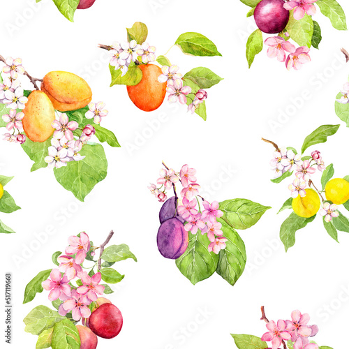 Fototapeta Naklejka Na Ścianę i Meble -  Yellow cherry plum branch - fruits, flowers. Watercolor picture