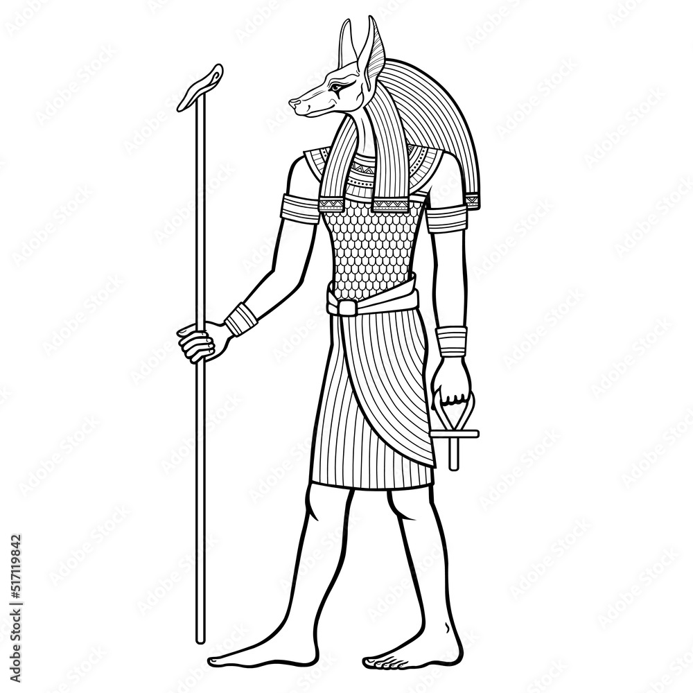 Animation portrait Ancient Egyptian god Anubis holds a staff and an