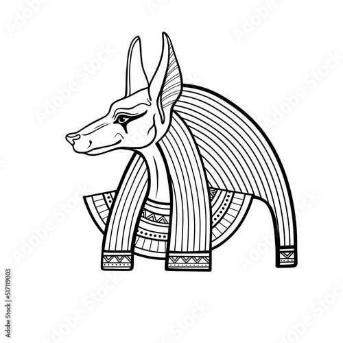 Animation portrait Ancient Egyptian god Anubis. Deity with canine head. God of death. View profile. Vector illustration isolated on a white background. Print, poster, t-shirt, tattoo.