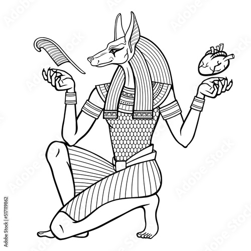 Animation portrait: Ancient Egyptian god Anubis holds human heart and pen. Afterlife ritual. God of death. Egyptian history and mythology. Vector illustration isolated on a white background.