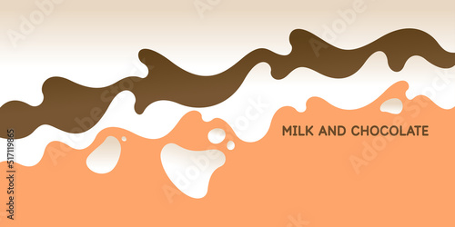 Modern poster of milk and chocolate with splashes on the background. Vector illustration in a flat minimalist style.