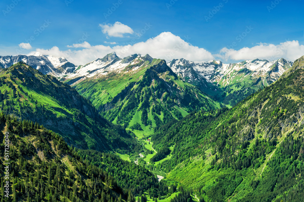 Alpine landscape with snowy mountains and green valley at a beautiful summer day. Allgau Alps, Bavaria, Germany, Europe