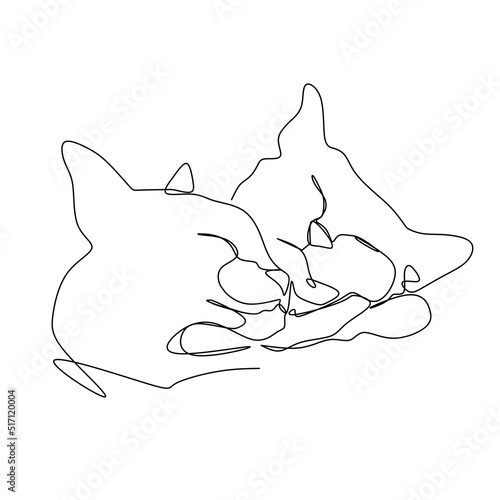 Continuous one line drawing of cat silhouette. Peaceful faces of two sleeping cats leaning on each other and hugging in hand drawn style. Simple and minimalist animal doodle art. Abstract ink vector.