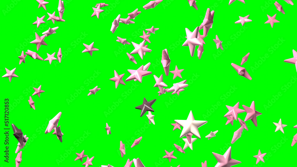 Pink star objects on green chroma key background.
3DCG confetti illustration for background.
