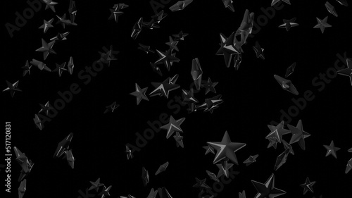 Black star objects on black background. 3DCG confetti illustration for background.
