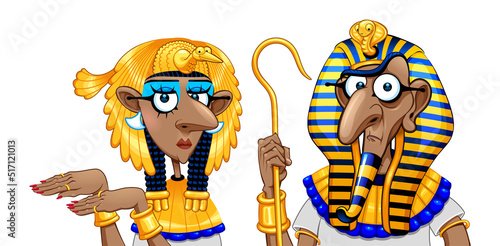 Cartoon Pharaoh and Cleopatra. Vector isolated characters.