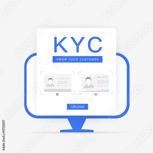 KYC know your customer application form for uploading personal identification documents - passport data page, driver's license, selfie with an example. Vector illustration with desktop pc flat style photo