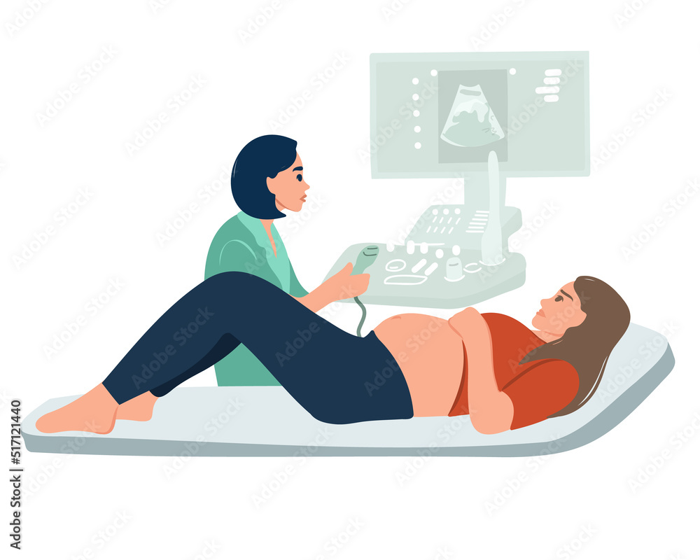 In the hospital, a pregnant woman undergoes an ultrasound examination, an obstetrician checks the image of a healthy baby on a computer screen. Happy expectant mother is waiting for her child. Vector In the hospital, a pregnant woman undergoes an ultrasound examination, an obstetrician checks the image of a healthy baby on a computer screen. Happy expectant mother is waiting for her child. Vector