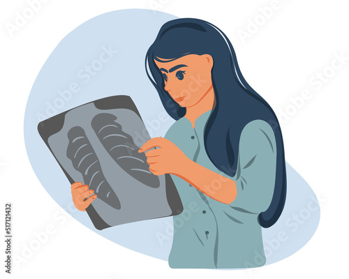 A female doctor examines a chest x-ray of a patient in the radiology department of a hospital. The doctor in the hospital works with a tablet. Vector illustration