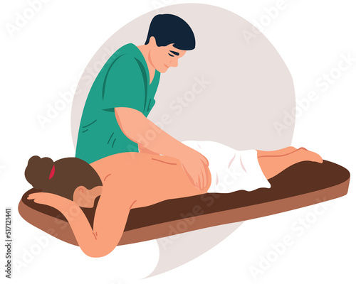 A professional chiropractor or physiotherapist helps to cure the back of a young woman. The concept of physical rehabilitation.
A professional massage therapist makes a therapeutic massage. Vector 