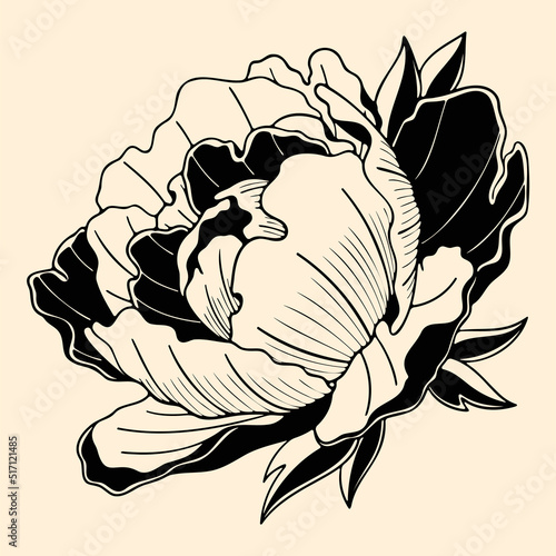 Template for tattoo, typography, decor design, covers. Stylish hand-drawn illustration with a flower. Background in black and beige colors. Japanese vintage graphic style. Line art.