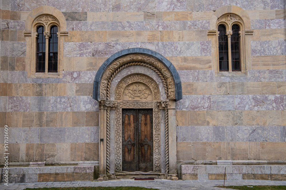 Fototapeta premium Medieval Monastery and orthodox Church Visoki Decani, one of the most important Serbian monastery. UNESCO world heritage site in Decani, Kosovo, Serbia 05.03.2022
