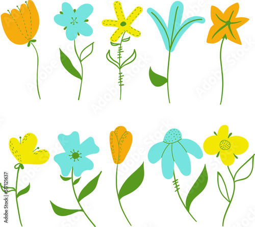 Colorful simple vector flowers set. abstract flower collection isolated on white background.Doodle or flat style for banner, poster, promotion, web site, online shopping.