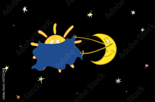 vector illustration with the moon covering the sun with a veil. funny fun eclipse