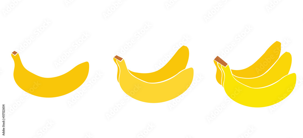 Vector Set of fruits  - a banana, couple of bananas, a bunch of bananas - color icons on white background images.