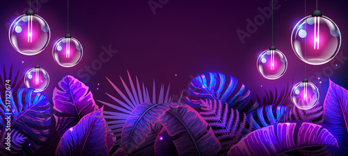 Summer background with electric modern lamps and fluorescent tropic leaves. Nature concept. Vector illustration