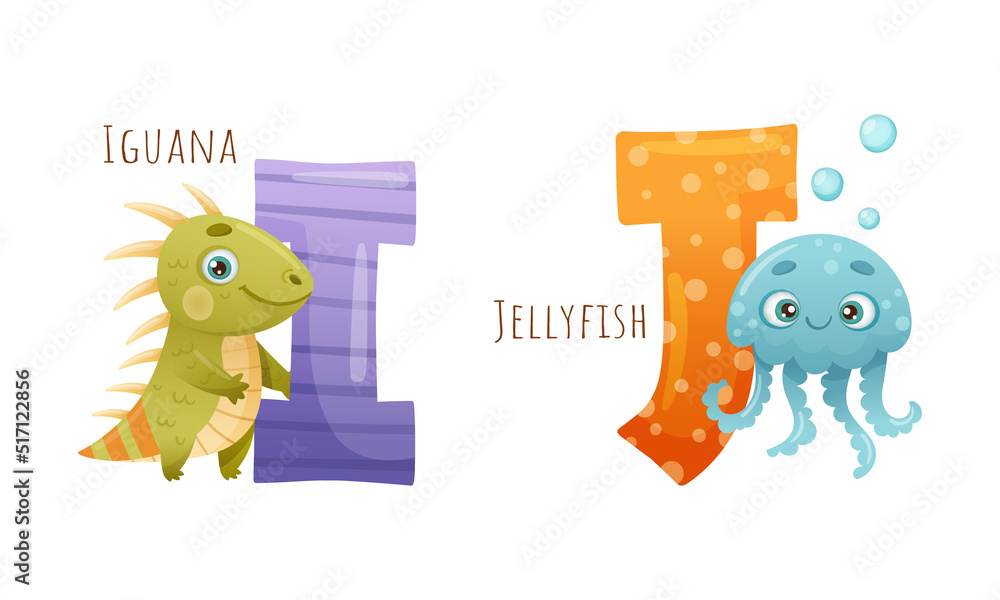 Cute zoo alphabet. I,J letters and iguana, jellyfish animals cartoon vector illustration