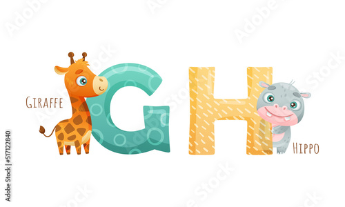 Cute zoo alphabet. G,H letters and giraffe, hippo animals cartoon vector illustration