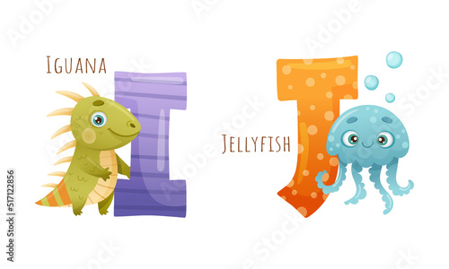 Cute zoo alphabet. I,J letters and iguana, jellyfish animals cartoon vector illustration