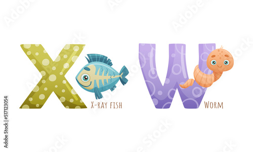 Cute zoo alphabet. X,W letters and x-ray fish, worm creatures cartoon vector illustration