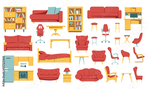 A set of furniture and furnishings.Vector images of cabinets, armchairs, sofas and chairs.