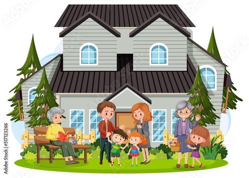 Happy family infront of the house on white background