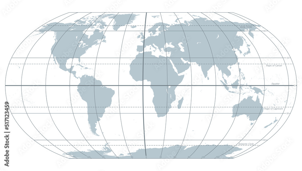 The world with most important circles of latitudes and longitudes, gray political map. Equator, Greenwich meridian, Arctic and Antarctic Circle, Tropic of Cancer and Capricorn. Illustration. Vector.