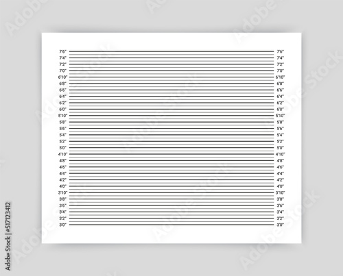 Police mugshot board. Mug shot criminal background with lines in inches. Wall measurements template for wanted picture. Lineup backdrop. Identification frame for crime arrest. Vector illustration.