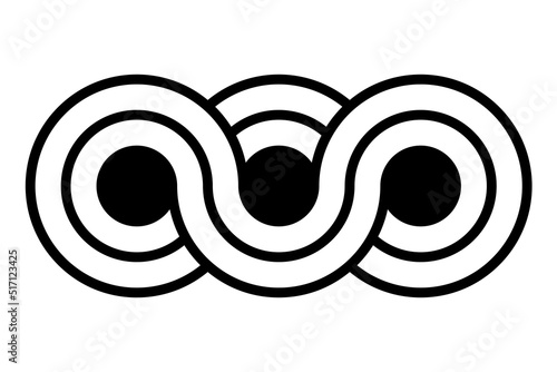 Triple infinity symbol. Three circles with staggered border lines, connected to each other in a wave-like manner and in a loop, expressing infinity. Crop circle pattern found near Devizes, Wiltshire.