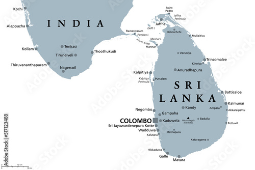 Sri Lanka and part of Southern India, gray political map. Democratic Socialist Republic of Sri Lanka, the formerly Ceylon, island country in South Asia and Indian Ocean, with de facto capital Colombo.
