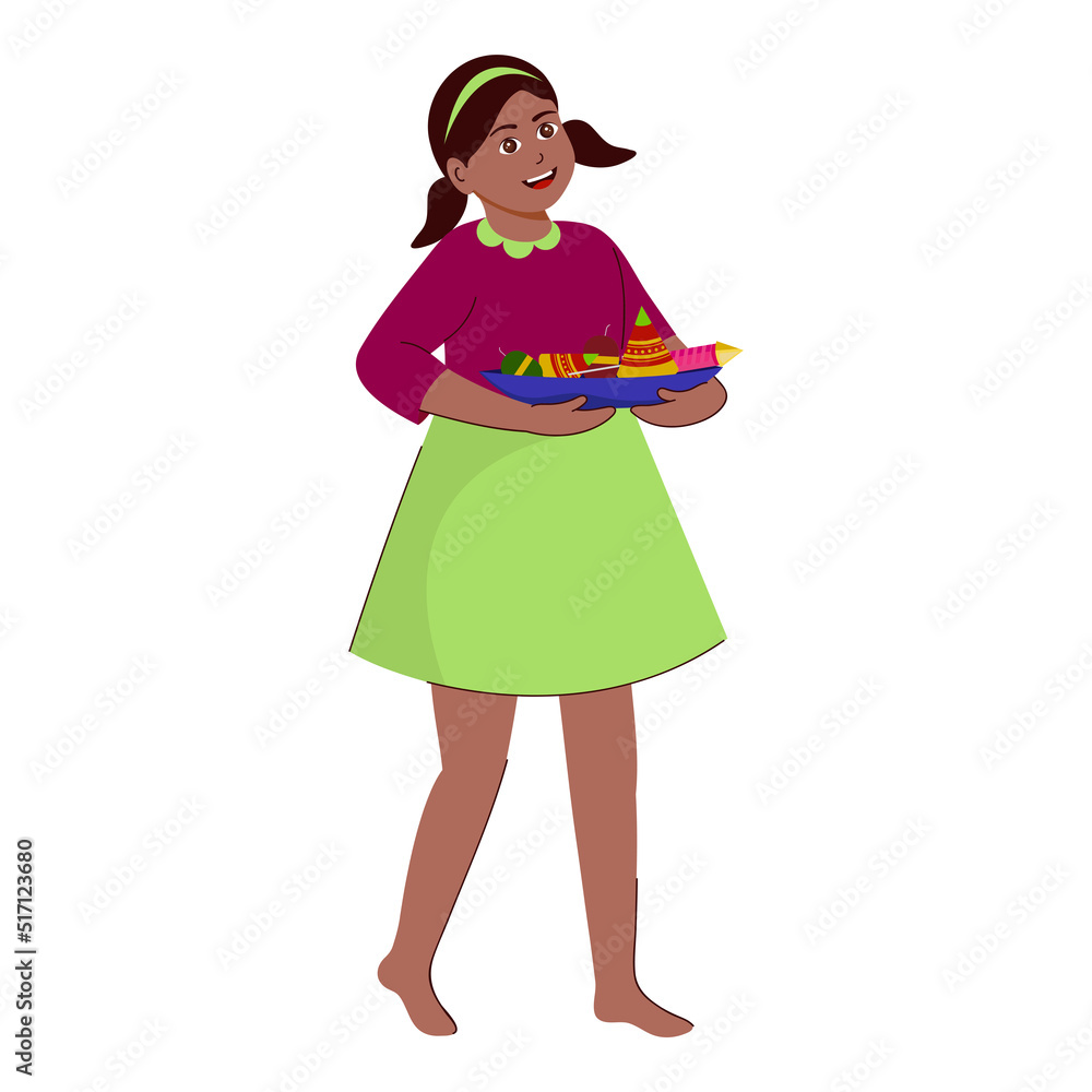 Young Girl Standing With A Plate Of Firecrackers On White Background. Young Girl Standing With A Plate Of Firecrackers On White Background.