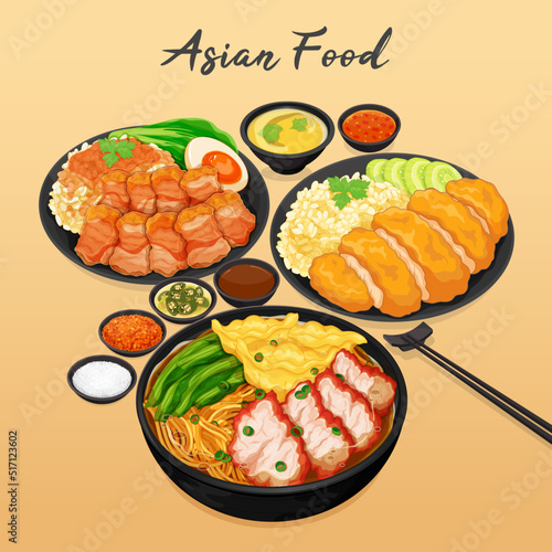 Asian foods menu set close up illustration vector.
Thai street food menu set. Chinese hainan chicken rice, Chinese crispy pork belly rice bowl, Chinese wonton noodles soup. Famous singapore foods set.