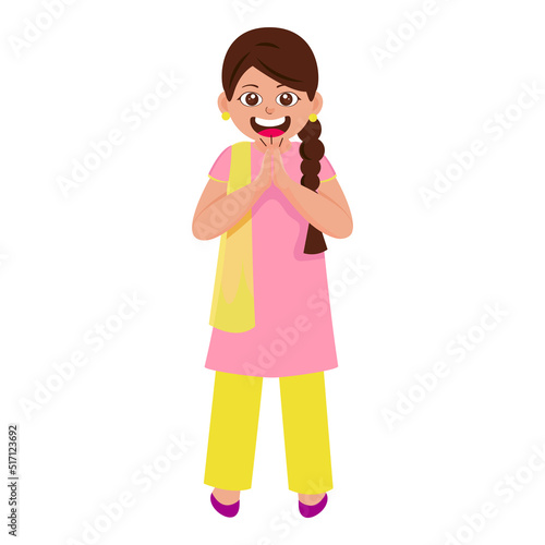 Cheerful Indian Girl Doing Namaste In Standing Pose On White Background.