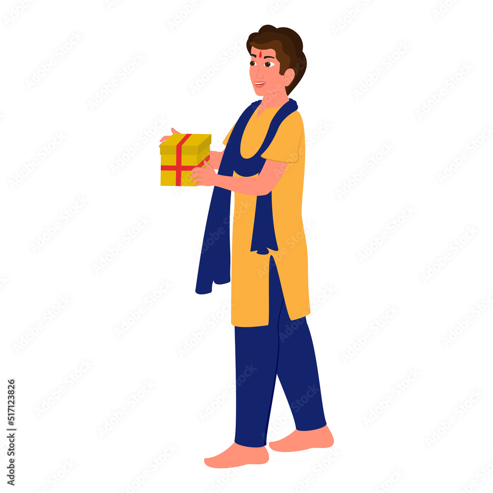 Indian Man Wearing Traditional Attire With Gift Box On White Background. Indian Man Wearing Traditional Attire With Gift Box On White Background.