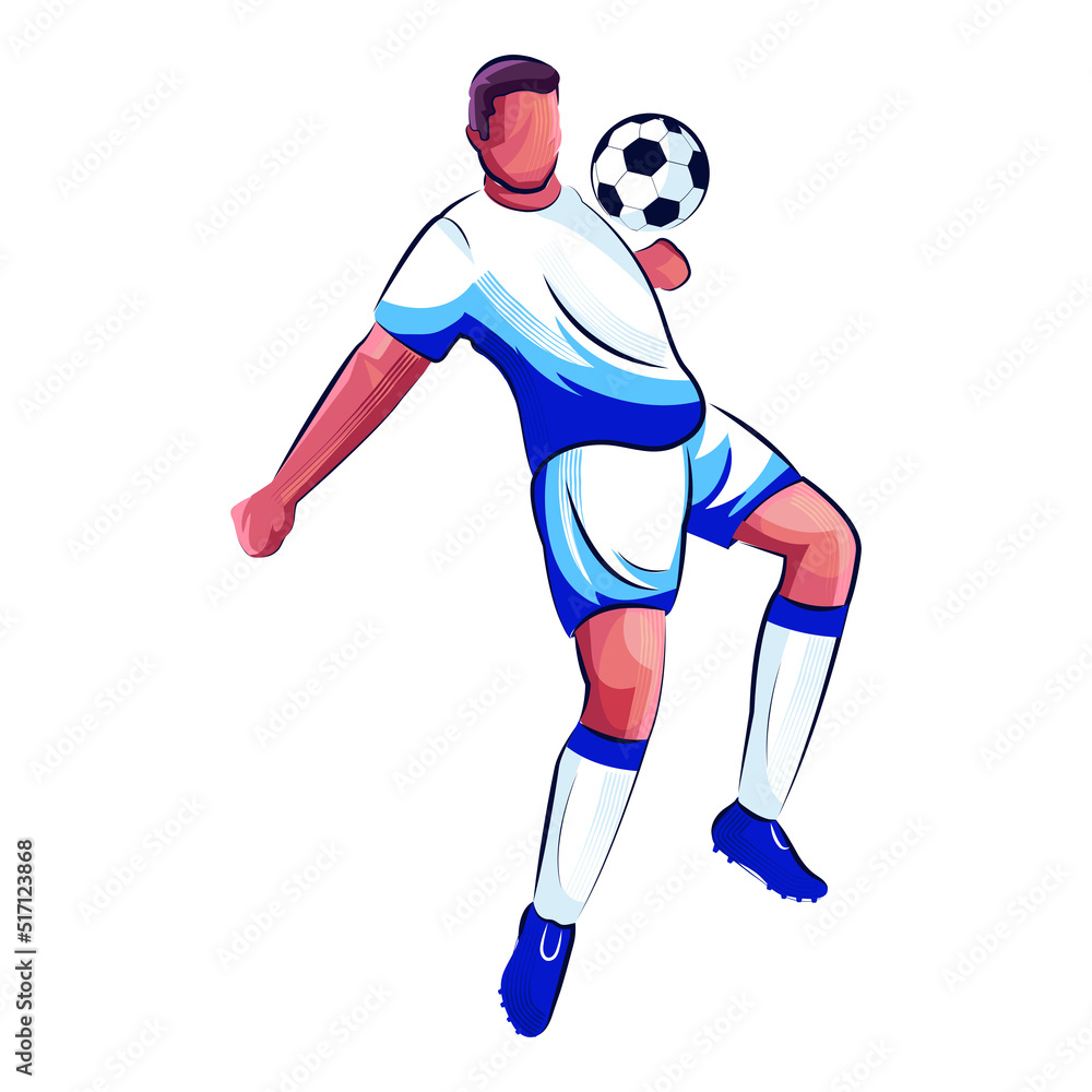 Faceless Footballer Player Hitting Ball From Chest On White Background.