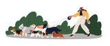 Dog walker leading mixed breed doggies group. Woman, pet sitter going with many puppies on leash. Different animals and girl from canine service. Flat vector illustration isolated on white background